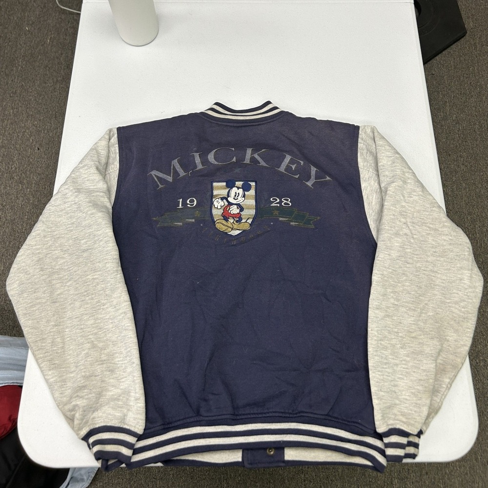 Disney Varsity Jacket Unisex Large Blue Mickey Mouse Embroidered Snap Bomber